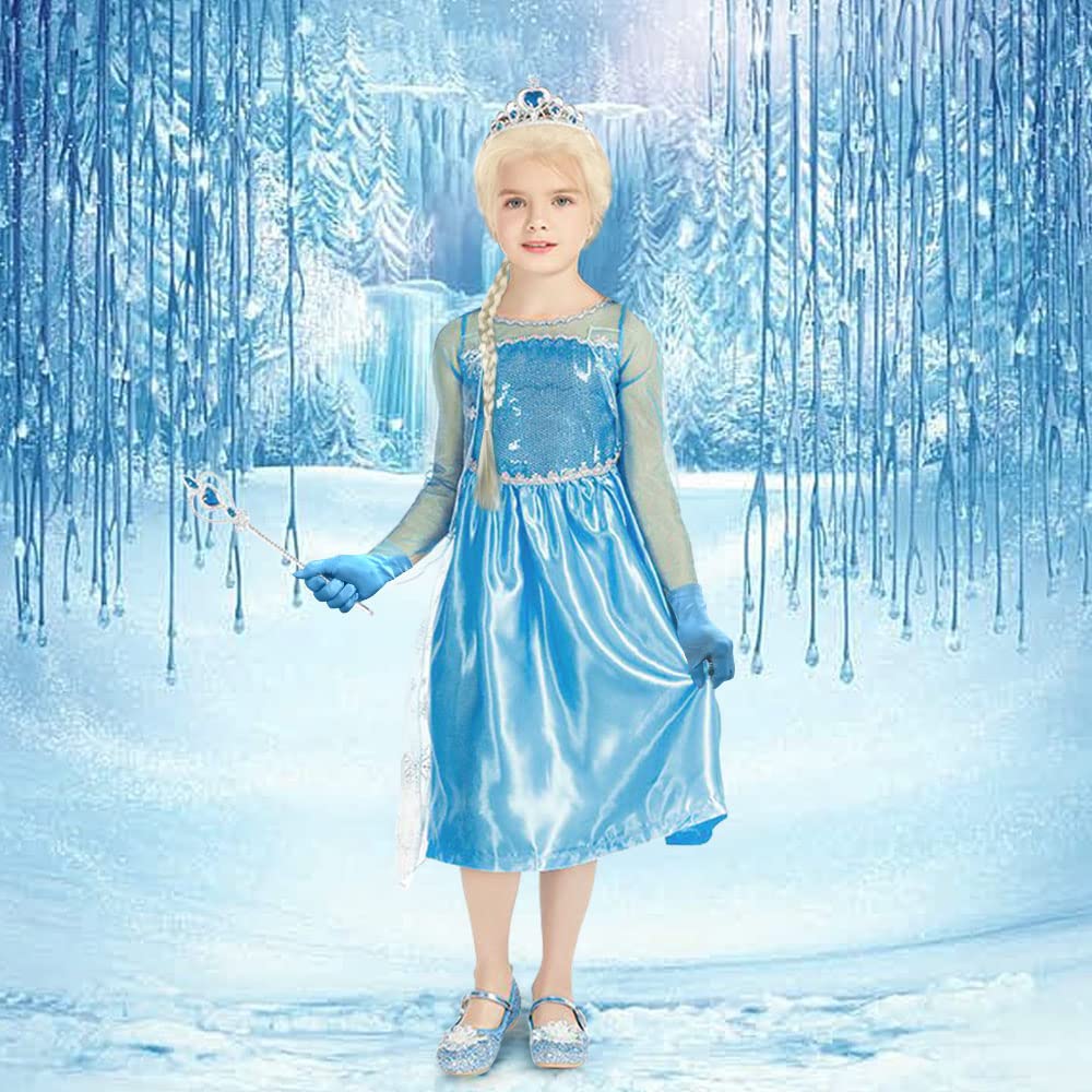 Vicloon Elsa Princess Costume, 3PCS Elsa Costume Dress, Elsa Dress with Fairy Crown Wand for Christening/Party/Pageant/Bridesmaid Princess Kids Dress Ball Gown（4-5 years）