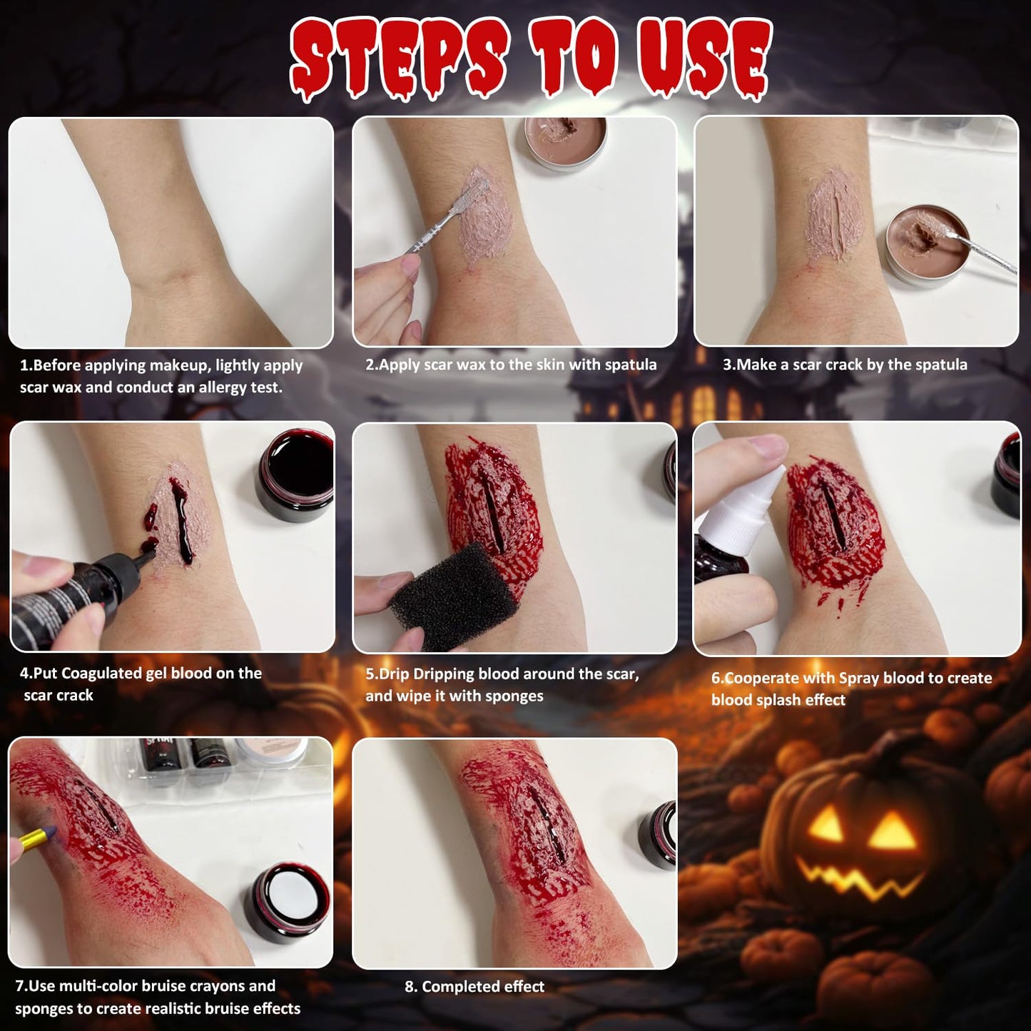 Halloween Makeup Kit, Scar Wax SFX Makeup Kit Fake Blood Set, Kit Includes Scar Wax, 6 Colors Bruise Face Body Paint Crayon, Fake Blood Spray+Dripping+Coagulated Gel, Spatula Sponges Tool (Set A)