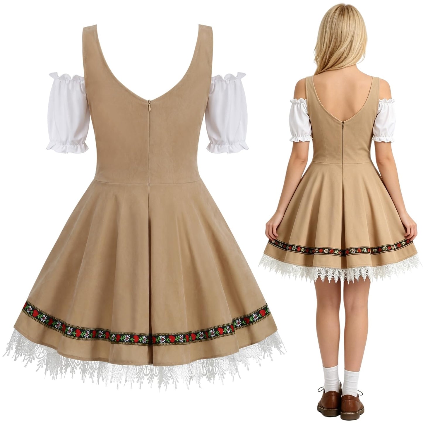 maxToonrain Oktoberfest Outfit Women Off-Shoulder Traditional Bavarnian Short Sleeve Off Shoulders German Beer Maid Costume with Embroidery for Oktoberfest, Halloween & Themed Parties (Khaki, M)