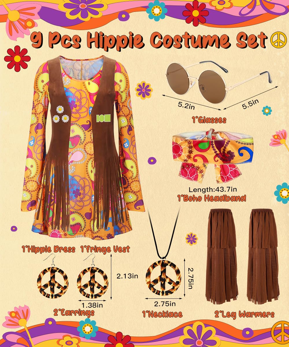 TOLOYE 70s Fancy Dress Women, Hippie Costume Outfit with Fringe Vest Boho Headband Necklace Set, 60s Disco Fancy Dress, 1970s Retro Hippie dress Hippy Clothes for Carnival Cosplay Party (L)