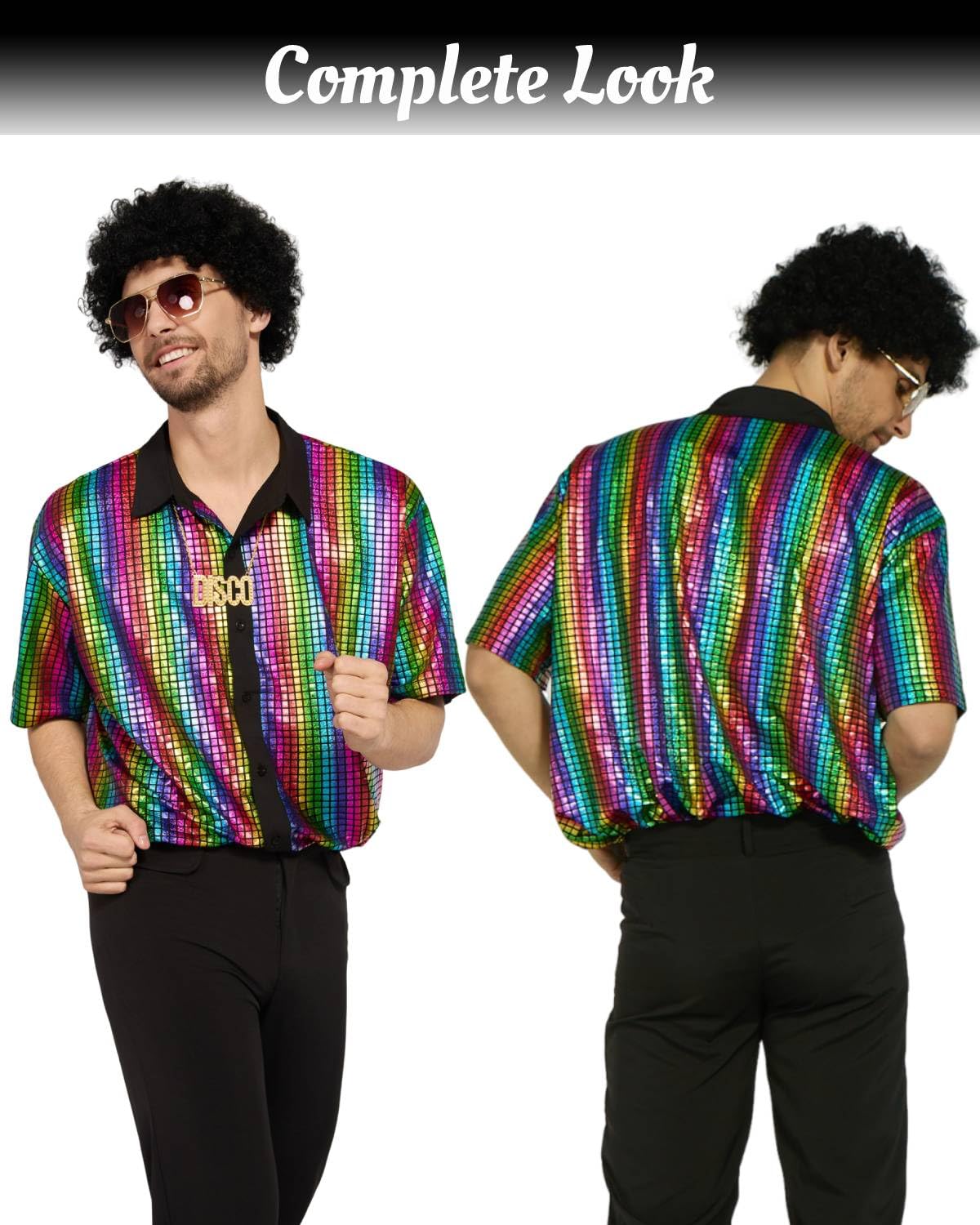 minkasic 70s Fancy Dress Mens 5PCS 70s Shirts for Men with Disco Accessories Wig, Sunglasses, Fake Beard Disco Necklace, Abba Fancy Dress Costume Men Set for 60s 70s Party (Multicolour, XL)