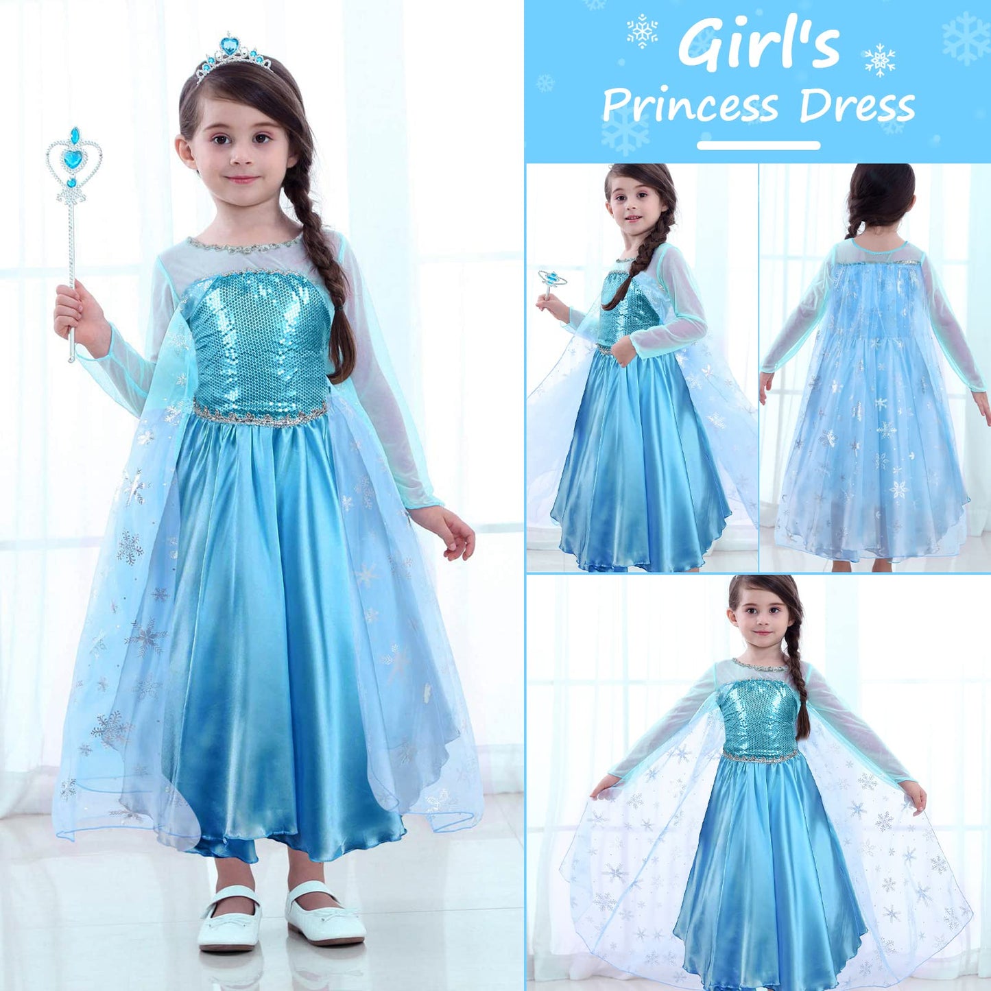 URAQT Princess Costumes for Girls, Snow Queen Princess Dress up, Ice Snow Princess Costume with Fairy Wand and Crown Tiara, Deluxe Girls Fancy Dress for Party Cosplay Bridesmaid Pageant(130)