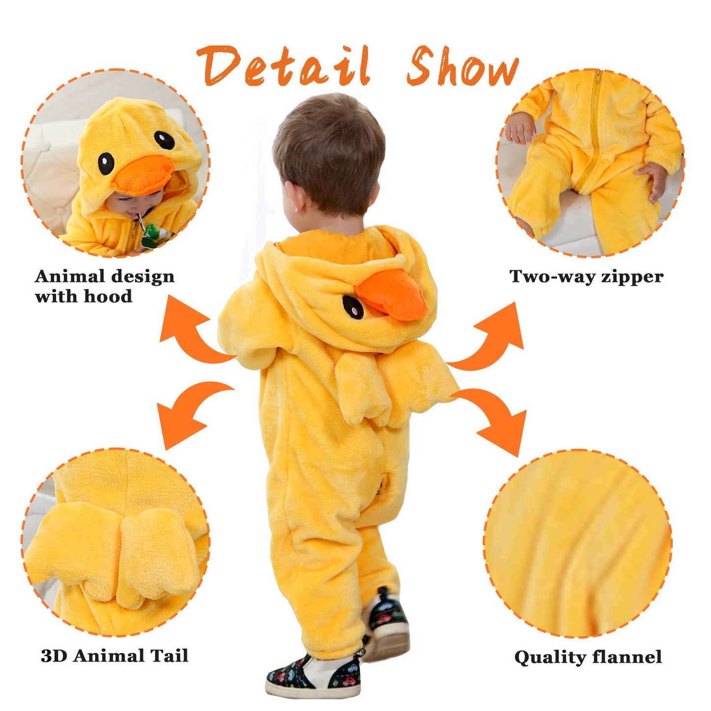 Doladola Unisex Baby Toddlers Romper Jumpsuit Hooded Cartoon Sleepsuits Infant Outfit (12-18 Months, Yellow Duck)
