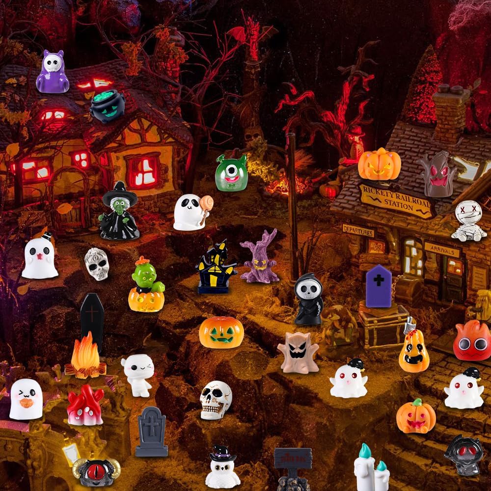 XIMISHOP 50PCS Halloween Mini Resin Figurines，Funny Little Small Halloween Resin Statue Tiny Miniature Pumpkin Ghost for Halloween Garden Landscape Desk Decor
