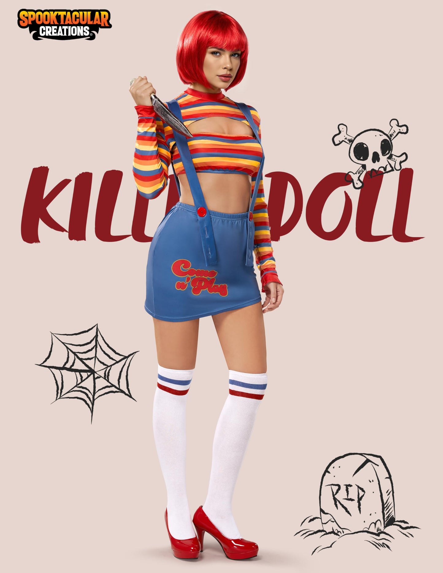 Spooktacular Creations Halloween Women Killer Doll Costume, Adult Scary Nightmare Killer Doll Dress, Halloween Costume Women for Scary Themed Cosplay (Medium)