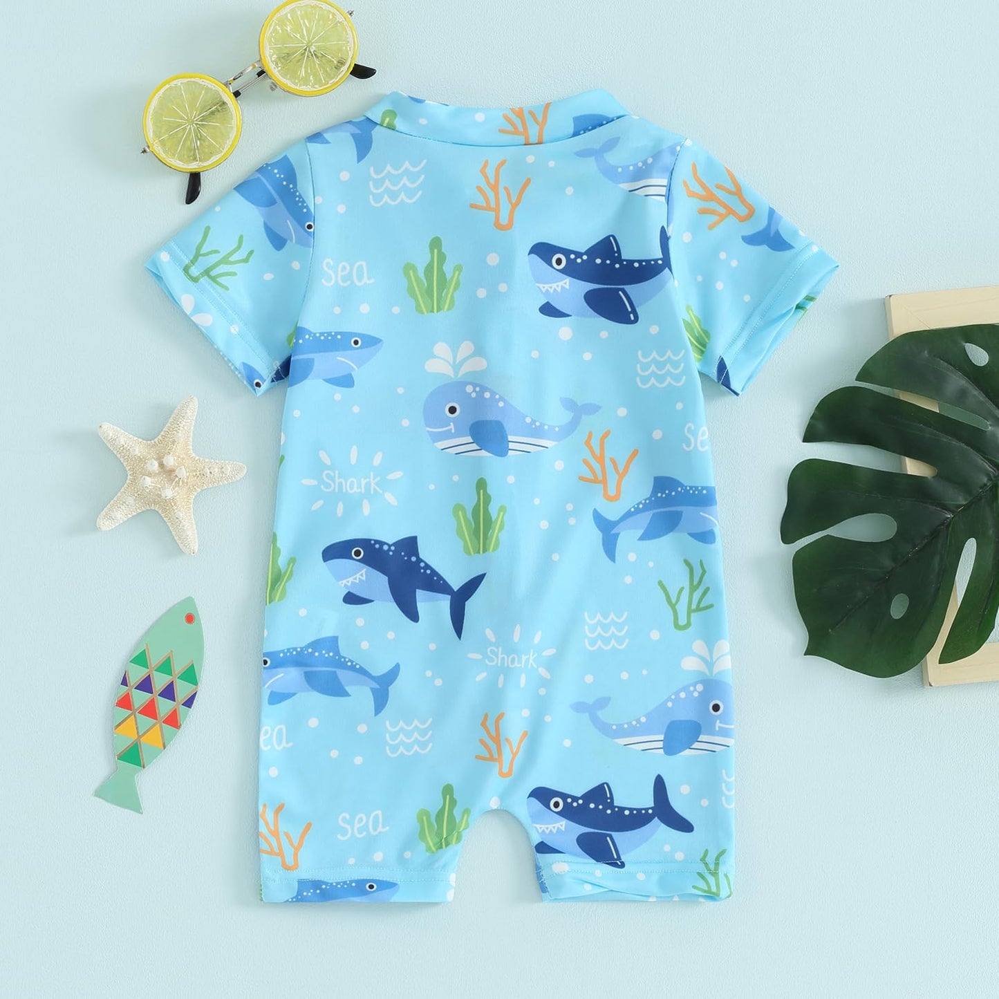 BABWWNIX Baby Boy Swimsuit Swimming Costume Rash Guard Zipper One Piece Short Sleeve Sunsuit Beach Swimwear Bathing Suits (Baby Swimming Costume-Sky Blue, 18-24 Months)