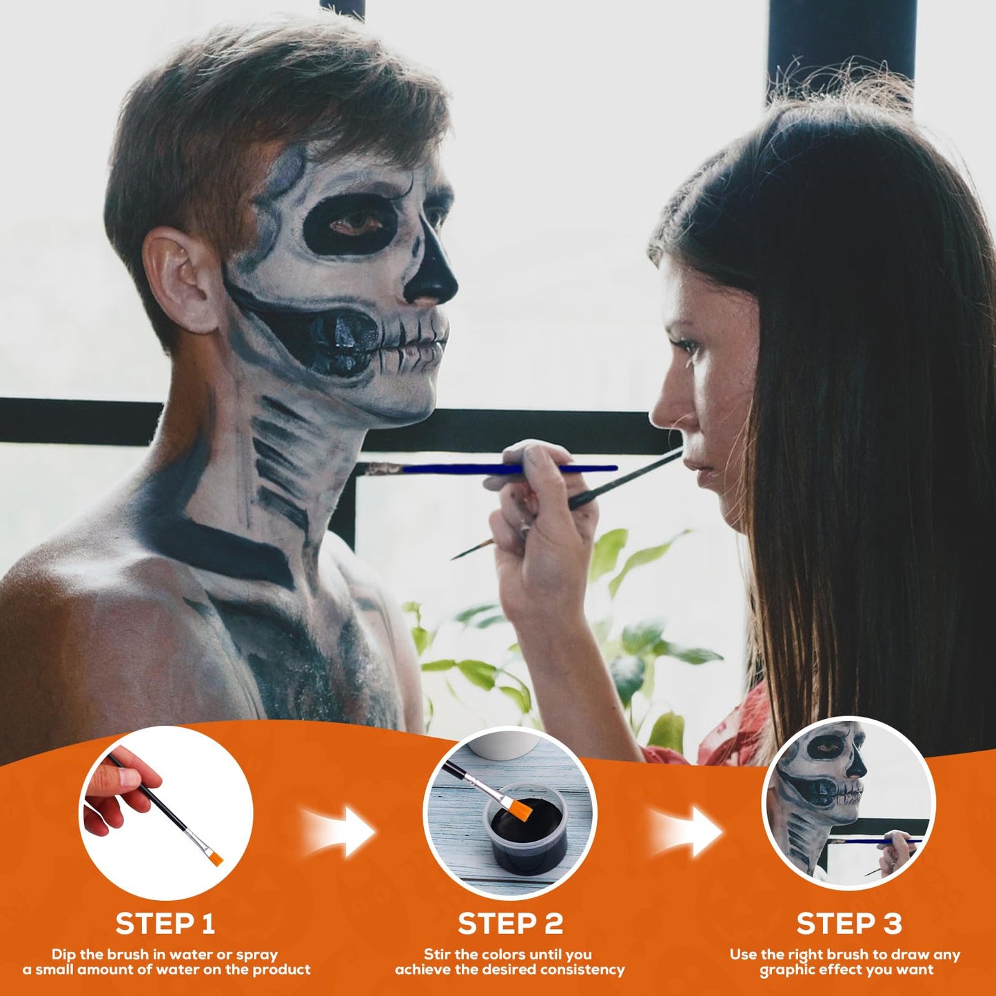 Halloween Cosplay SFX Makeup Black + White Face Body Paint – Black + White Face Body Paint Set for Adults, Non Toxic White Face Paint Kit, Full Coverage, Easy to Apply & Washable