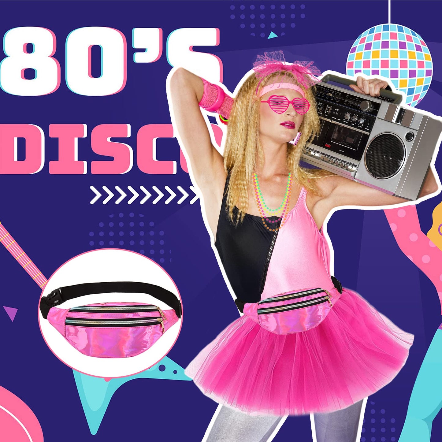80s Fancy Dress for Women, 1980s Party Costume Accessories Set Bumbag Tutu Skirt Leg Warmer Earrings Fishnet Gloves Necklace Glasses Bracelet Headband, Retro Outfit for 80s Party/Dress up Day