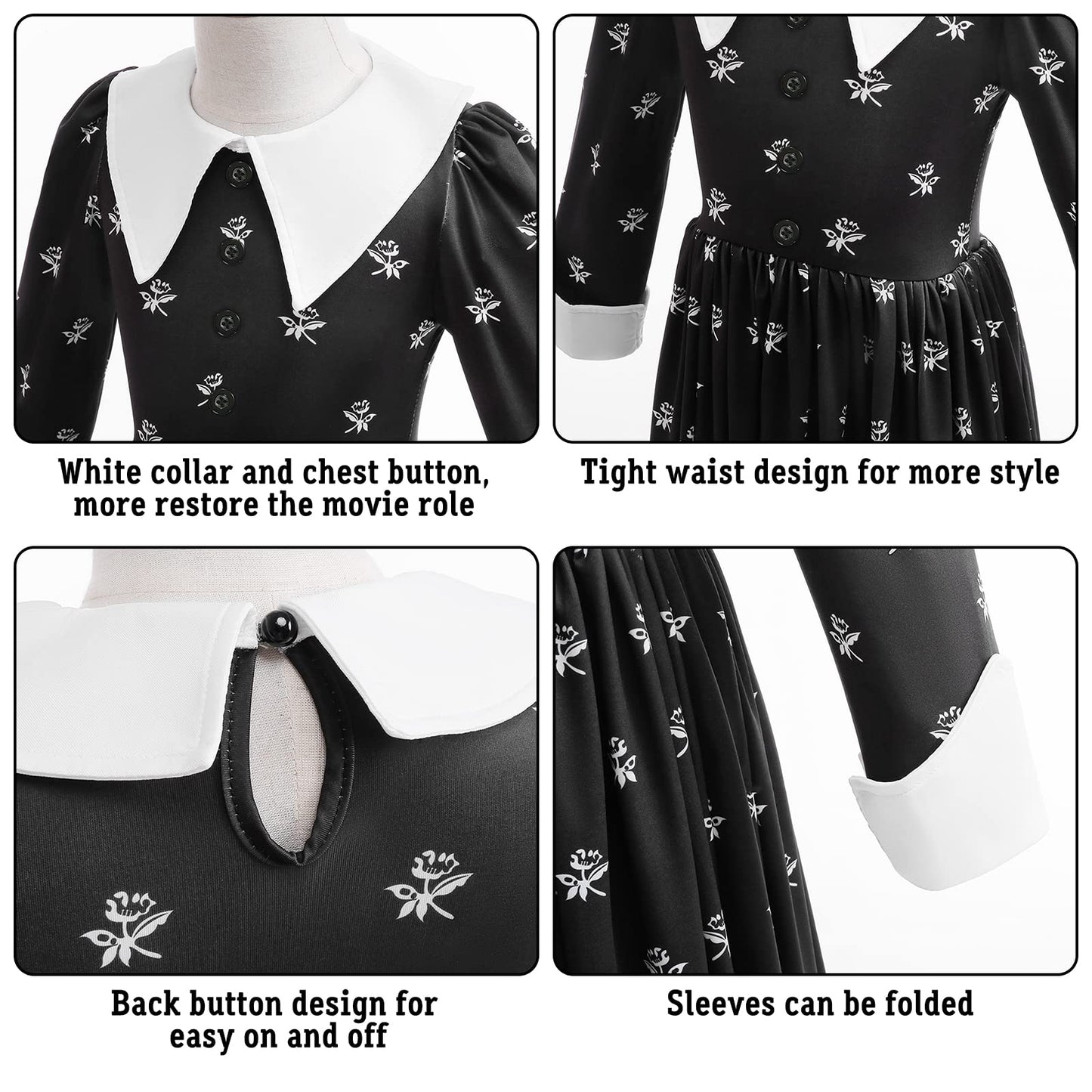 LZH Halloween Dress for Kids Girls Long Black Dress Cosplay Carnival Uniform School Fancy Dress Up with Earring Wig and Bag