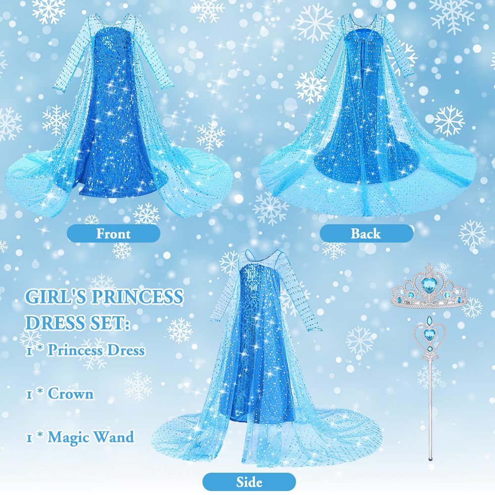 ACWOO Princess Dress, Princess Costume with Fairy Wand and Crown Tiara, Fancy Dress for Girls, Deluxe Shining Snow Queen Fancy Dress for Birthday, Halloween, Cosplay, Party, Bridesmaid