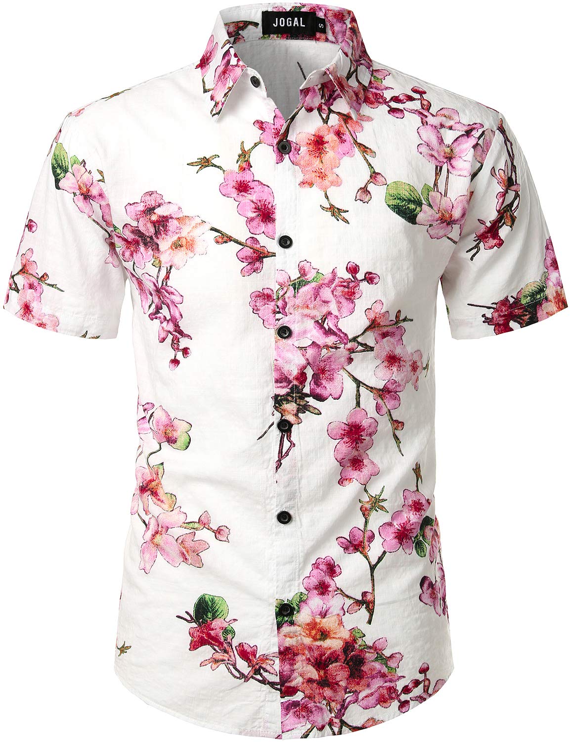JOGAL Mens Flowers Casual Aloha Hawaiian Shirt Large WhitePeach