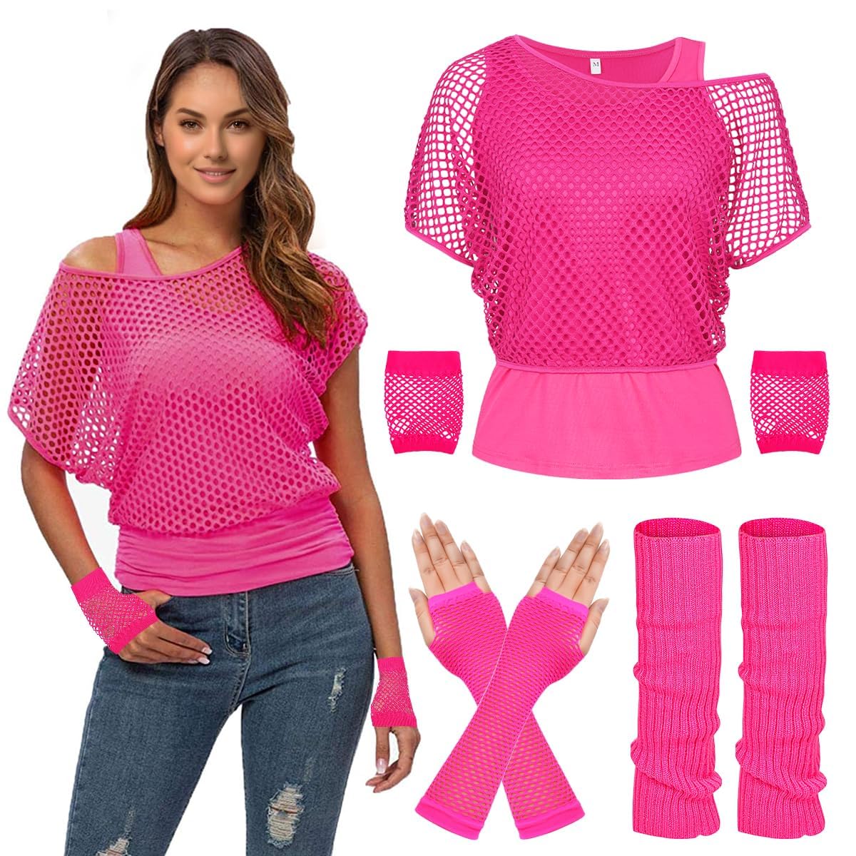 80s Fancy Fishnet Top for Women, Tank Top, Leg Warmers, Gloves, 1980s Costumes Neon Off Shoulder Mesh T-Shirt Accessories Retro Theme Party Cosplay