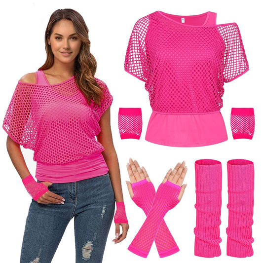80s fancy fishnet top for women with tank top leg warmers