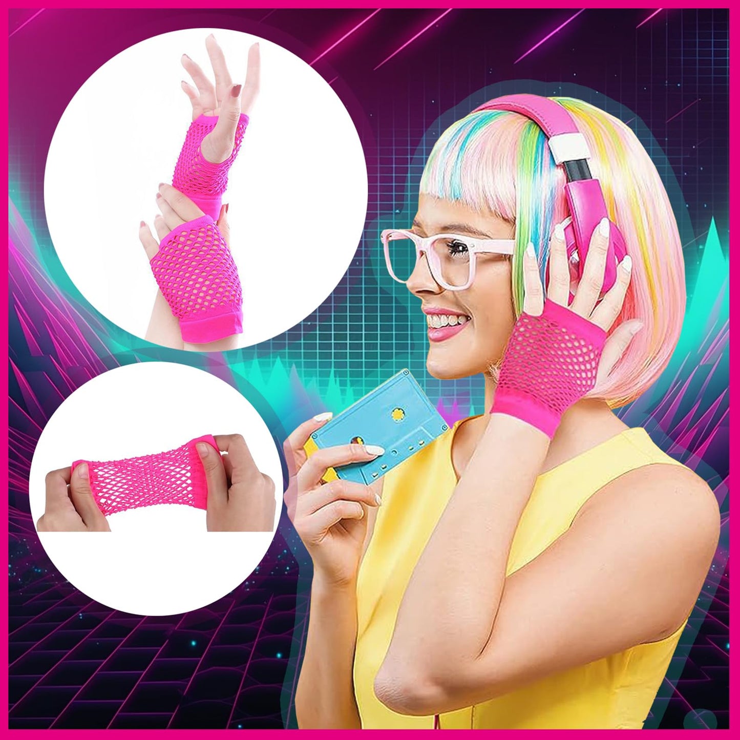 Ronilp 80s Fancy Dress for Women, Pink 1980s Accessories for Women Costume Accessories Set with Leg Warmer Necklace Bracelet Bow Headband Fishnet Gloves Earrings Hollow Glasses