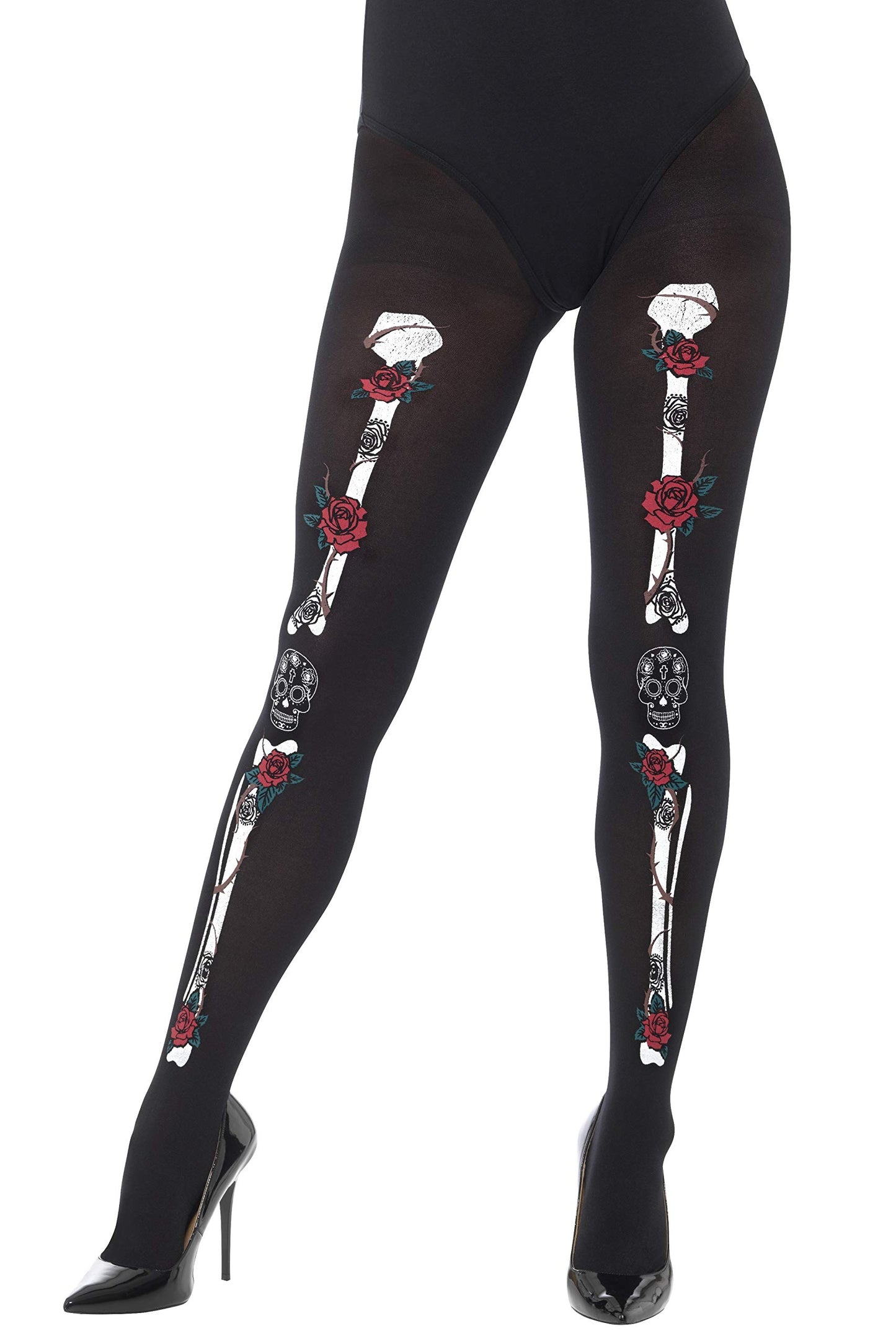 Smiffys Opaque Day of the Dead Tights, Black , Fever Hosiery Fancy Dress, Halloween Dress Up Accessories