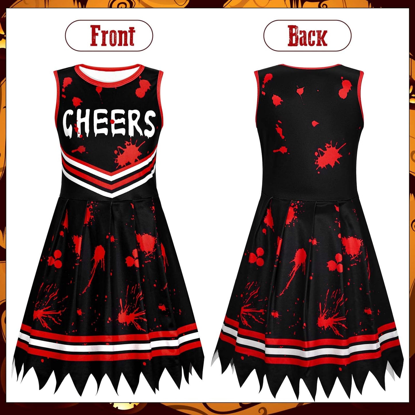 Kavoc 4Pcs Halloween Zombie Cheerleader Costume Accessories Including Black Red Skirt Bow Tie Socks (10-12Years Old)