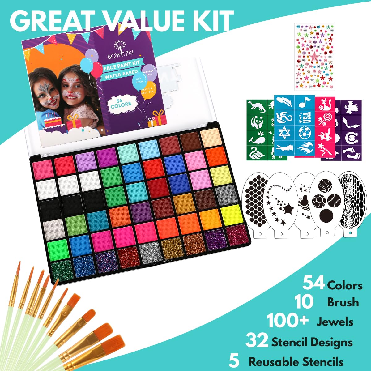 Bowitzki Face Paint Kit with 50 Colors, 8 sheets Stencils, 2 Glitters,10 Brushes, 1 Sheet Gems, Water Based Face Painting Kit, Safe Professional Halloween Party Makeup Set