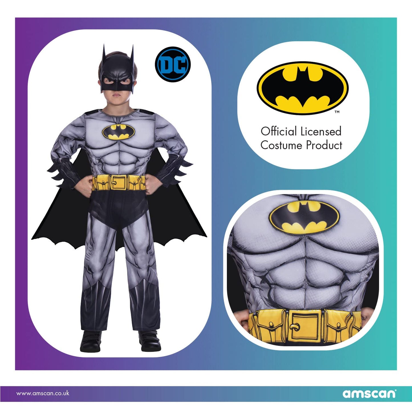 amscan 9906058 - Kids Official Warner Bros. DC Comics Classic Batman Fancy Dress Costume Age: 4-6 Yrs, Grey