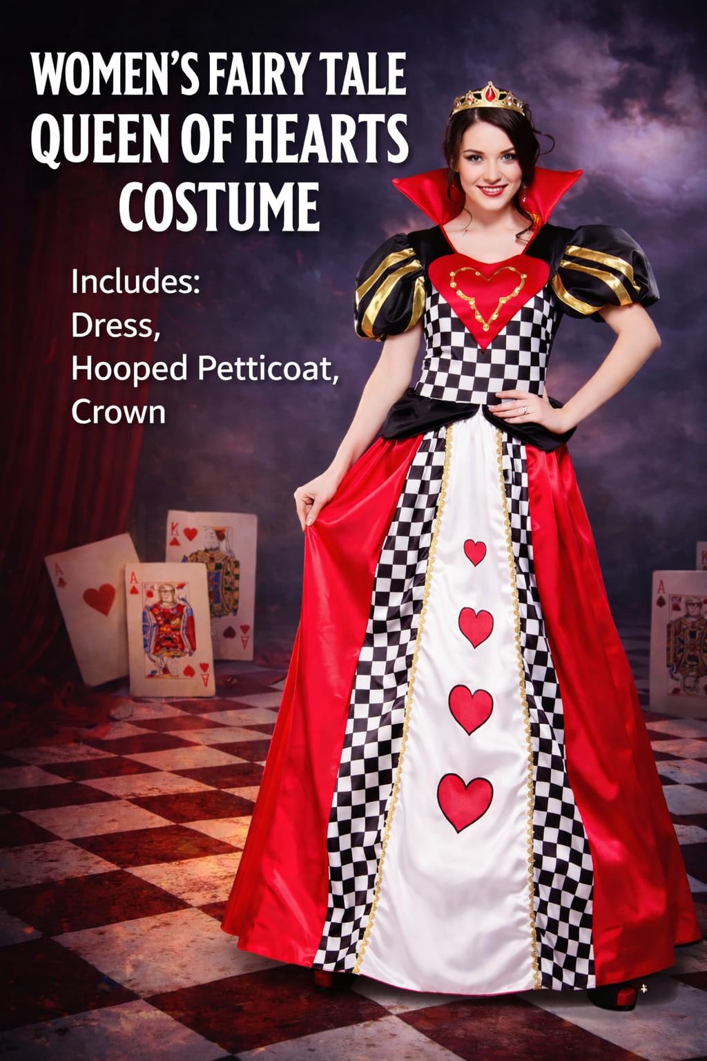 Wicked Costumes Adult Womens Queen of Hearts Fancy Dress Costume Card Queen Outfit Red White Playing Cards Halloween Party Book Day Theatre Role Play - Medium (UK 14-16)