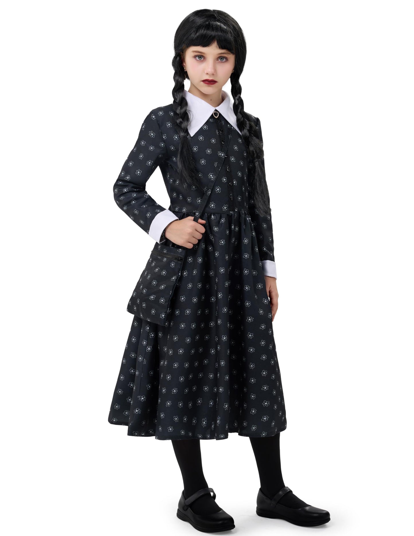 Spooktacular Creations Girls Halloween Black Costume, Black Floral Print Dress with Wig and Stocks for Girls Kids Halloween Dress Up and Role-Playing(Small(5-7 yrs))