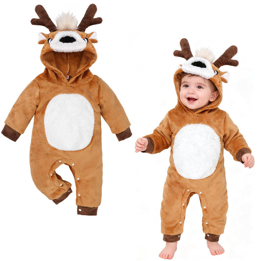 Beipegin Baby Deer Costume Boys Girls Infant Animal Romper Jumpsuit Newborn Hooded Flannel Reindeer Onesie Baby Christmas Halloween Costume