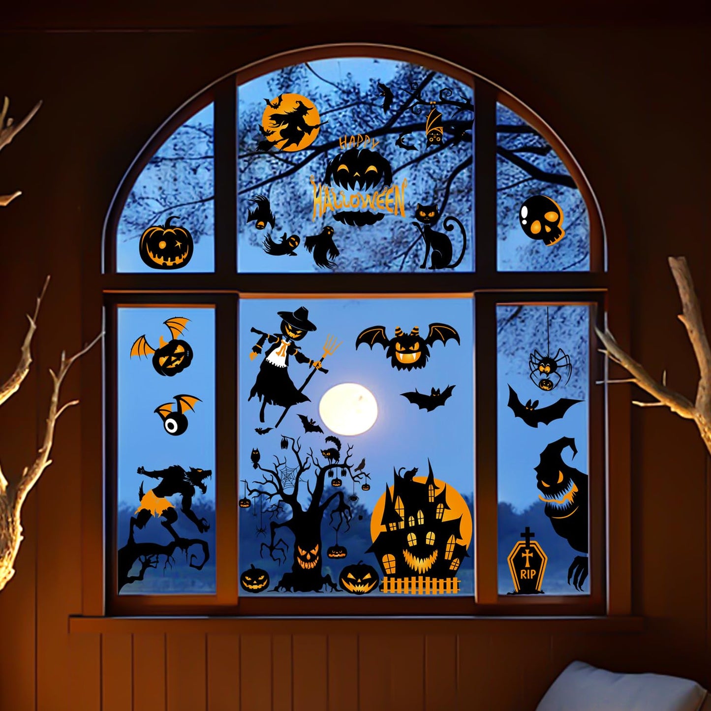 Xyxu Halloween Decorations Window Stickers, 9sheets Scary Halloween Window Stickers Clings Decorations, Wolf Bat Witch Ghost Spider Pumpkin Halloween Stickers for Window Halloween Decorations Indoor