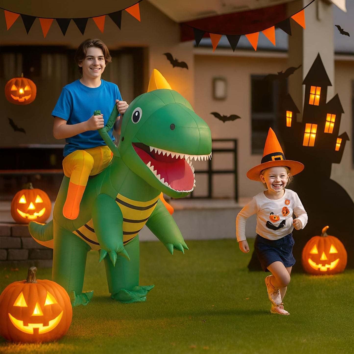 VICBAY Kids Inflatable Dinosaur Costume,Riding T-Rex Air Blowing up Funny Fancy Dress Party Halloween Costume Party Cosplay Fancy Dress Outfit (4.92ft -6.23ft)(A)