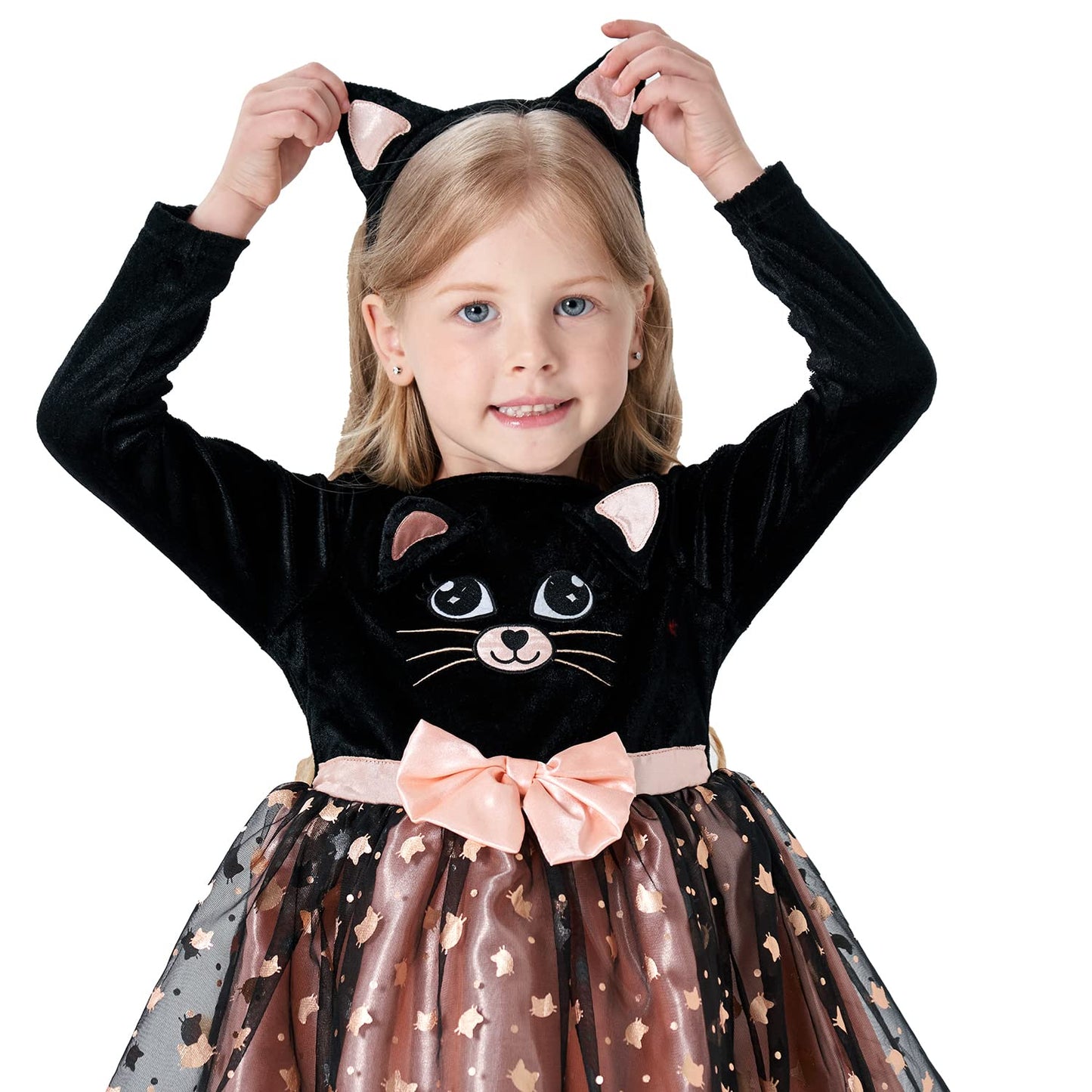 Sincere Party Cat Halloween Costume for Girls Long Sleeve Quality Cat Fancy Dress with Tail and Headband for Toddler 5-6years