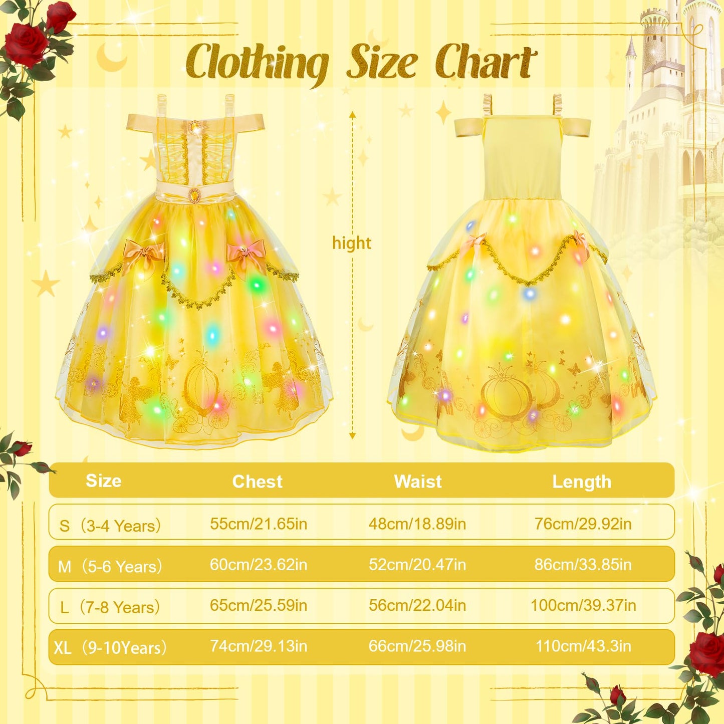 WIKITOT Princess Costume for Girls, Light up Yellow Princess Dress up for Girls Aged 3-10, World Book Day Fancy Dress Halloween Costumes(M)