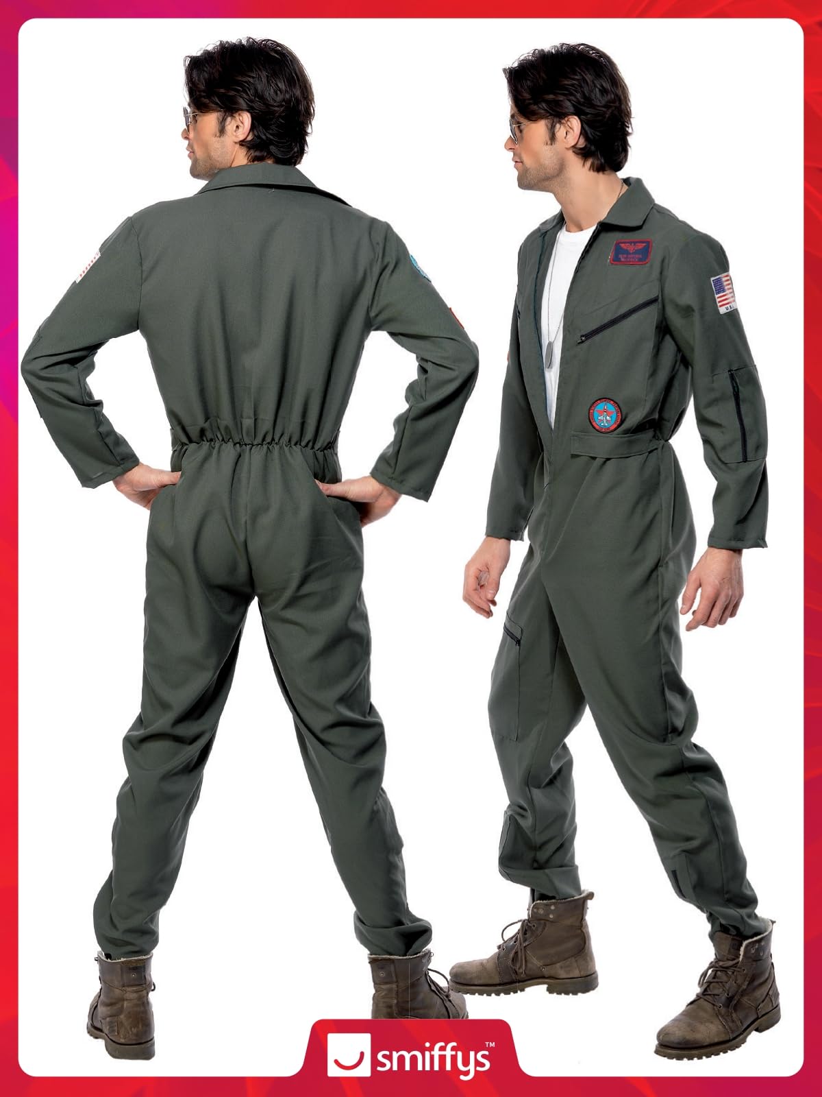 Smiffys Top Gun Costume, Adult Green Jumpsuit, Name Tags & Glasses, Official Top Gun License Outfit with Aviation Badges, Pocket Zip Details & Waist Belt, Official Top Gun Halloween Fancy Dress