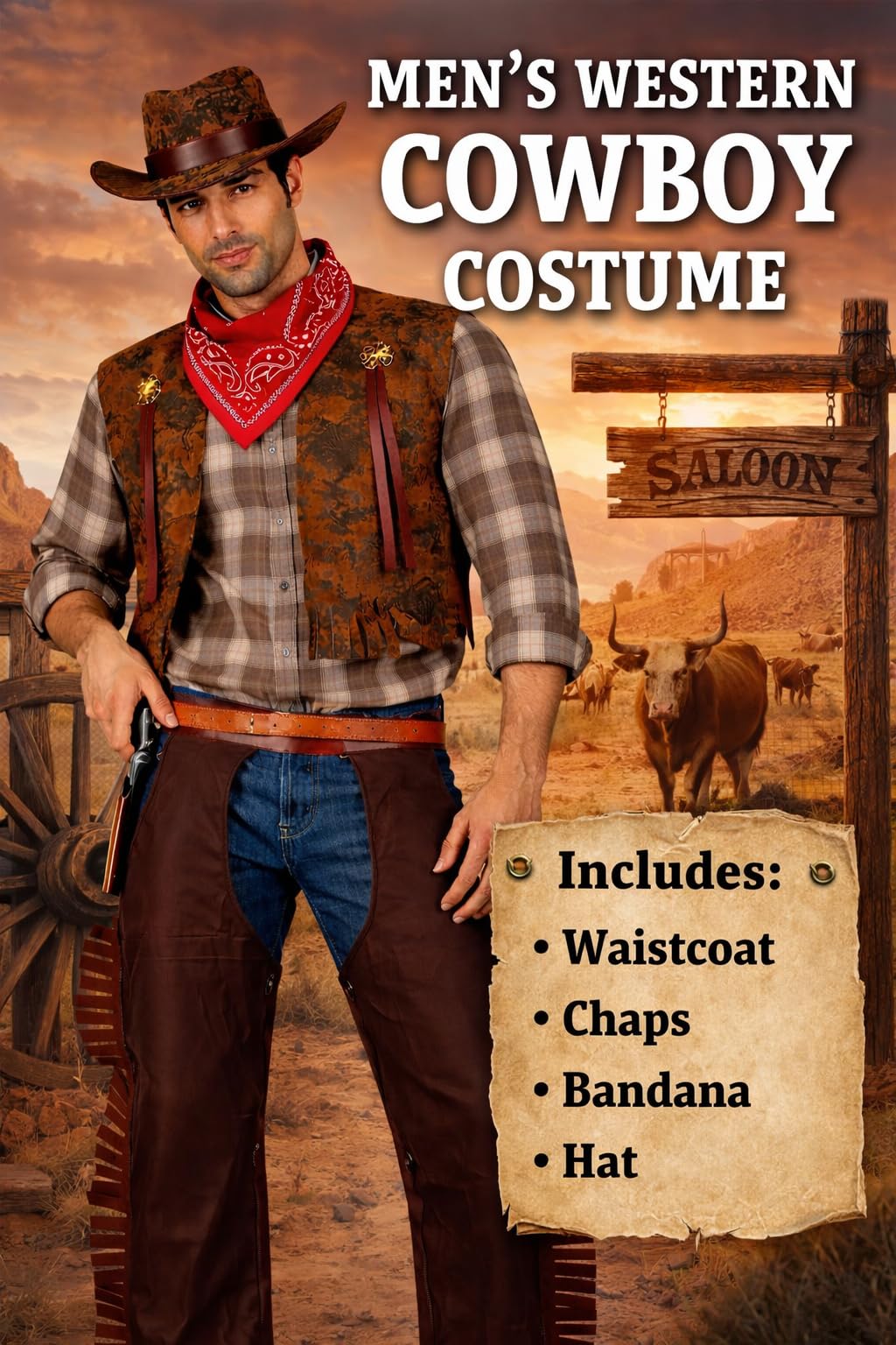 Wicked Costumes Mens Cowboy Fancy Dress Costume – Western Outfit Sheriff Rodeo Party Costume - Medium