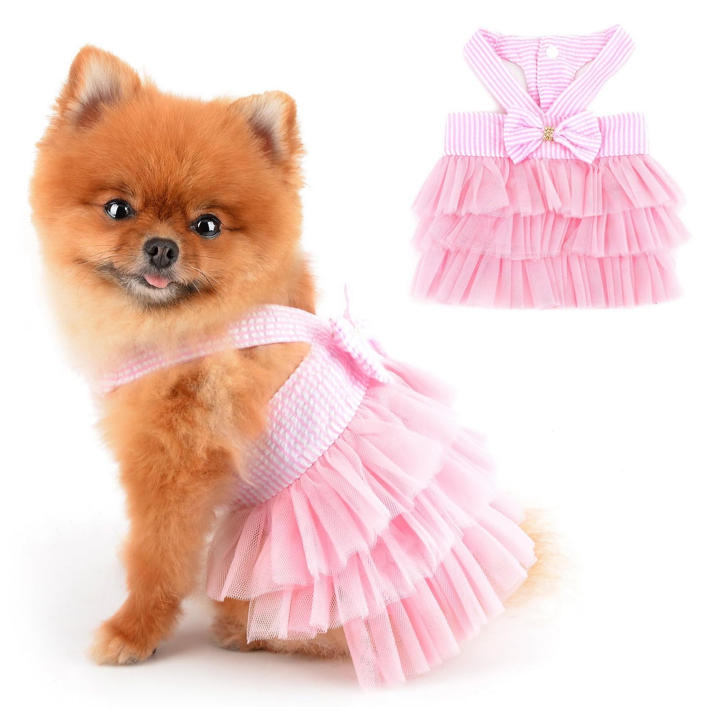 Dog Dress Striped Denim Organza Bow Beads Tutu Skirt Summer Soft