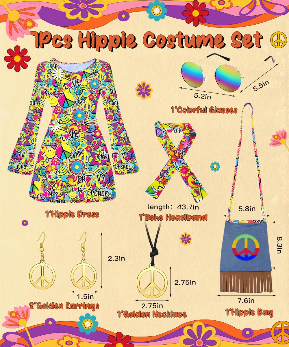 70s Fancy Dress Women - Hippie Costume Dress with Boho Headband Bag (image 2)