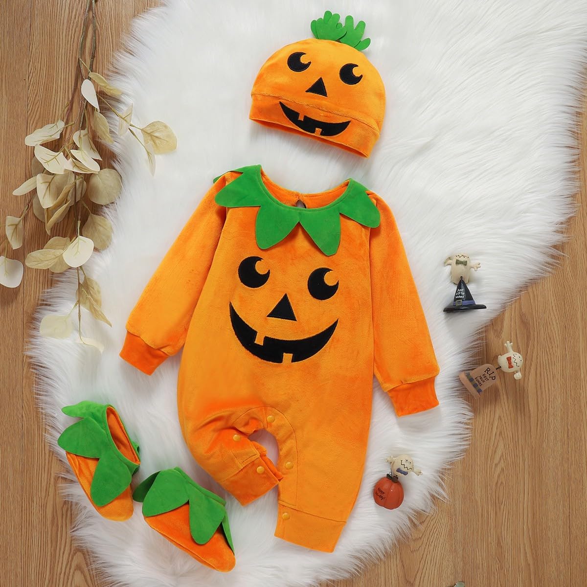 Beipegin Baby Halloween Costume Pumpkin Costume Kids Newborn Outfit Jumpsuit Pumpkin Romper with Hat Shoes for Baby Girls Boys Infant Clothes Set