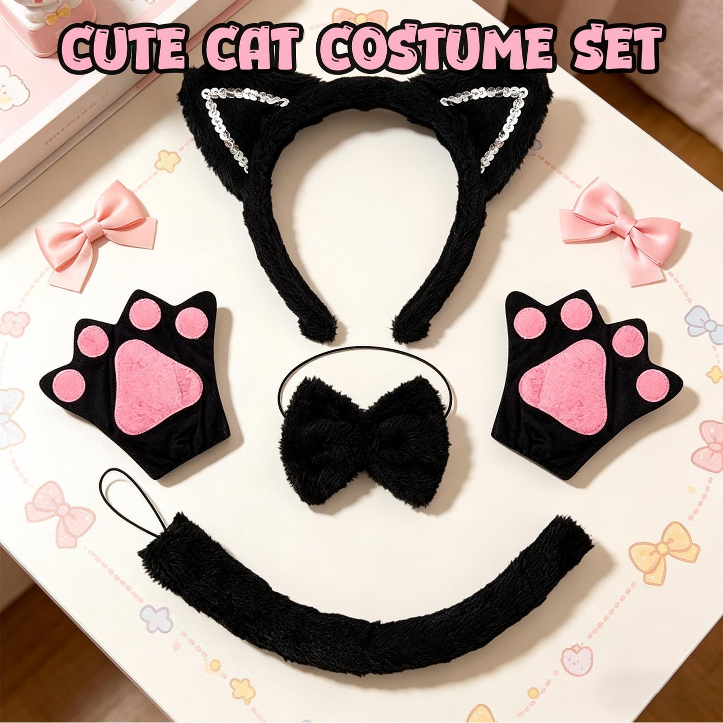 Black Cat Fancy Dress Set - Ears Headband - Tail - Bow Tie - Paw (image 3)