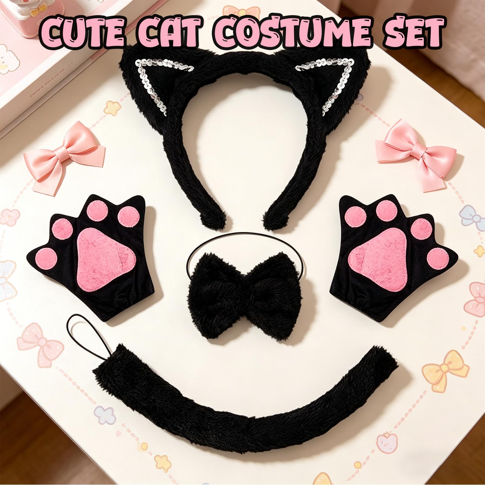 Black Cat Fancy Dress Set - Ears Headband - Tail - Bow Tie - Paw (image 3)