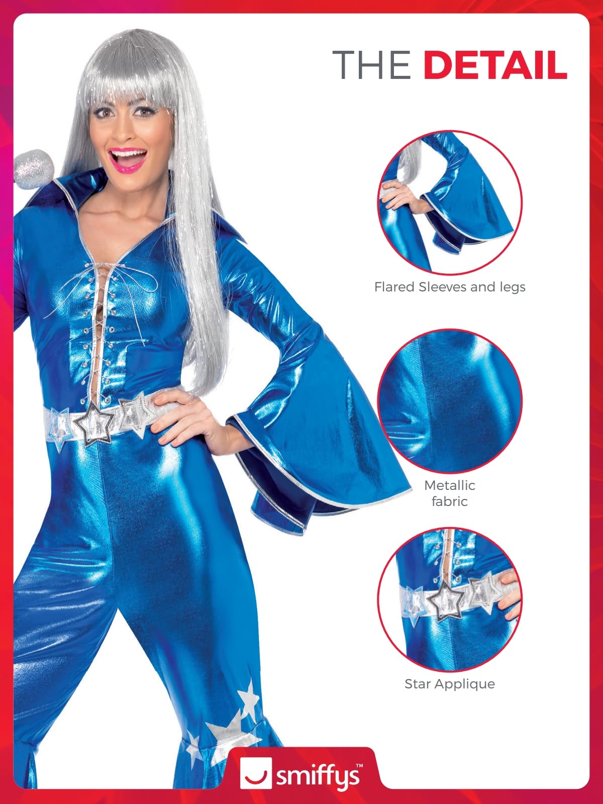 Smiffys 70s Dancing Dream Costume for Women, Blue Disco Jumpsuit with Lace-Up Front, Bell Sleeves & Star Detail, 1970s Fancy Dress Outfit for Hen Parties, Festivals & Themed Events