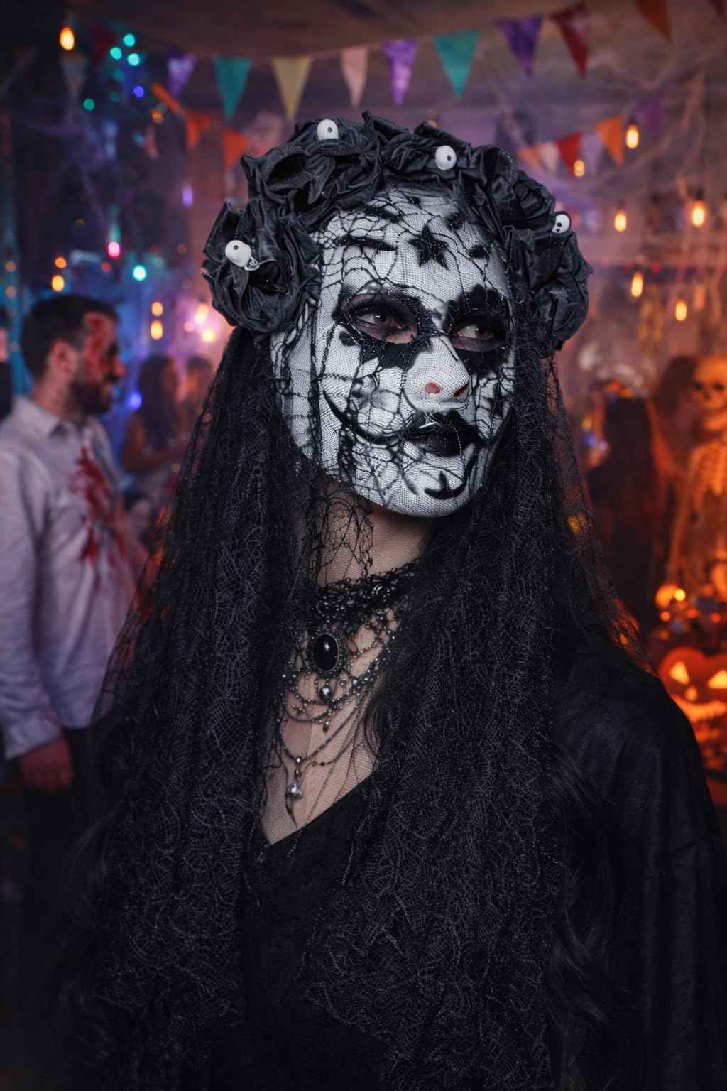 eBoutik - Womens Day of the Dead Halloween Headband with Black Rose Veil & Sugar Skull Face Mask - Mexican Day of The Dead Sugar Skull Novelty Costume Undead Festival Dress Up For Women