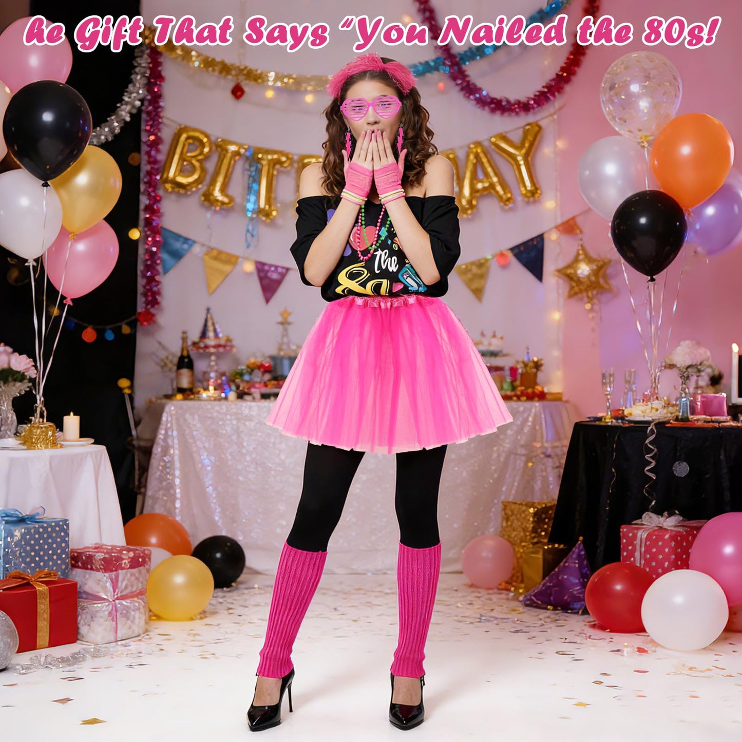 80s Fancy Dress for Women, Complete 21-Piece Retro Party Costume Accessories Set with Tutu Skirt, Fishnet Gloves, Leg Warmers & Headband for 1980s Theme Parties, Retro Party Dress up & Fancy Dress
