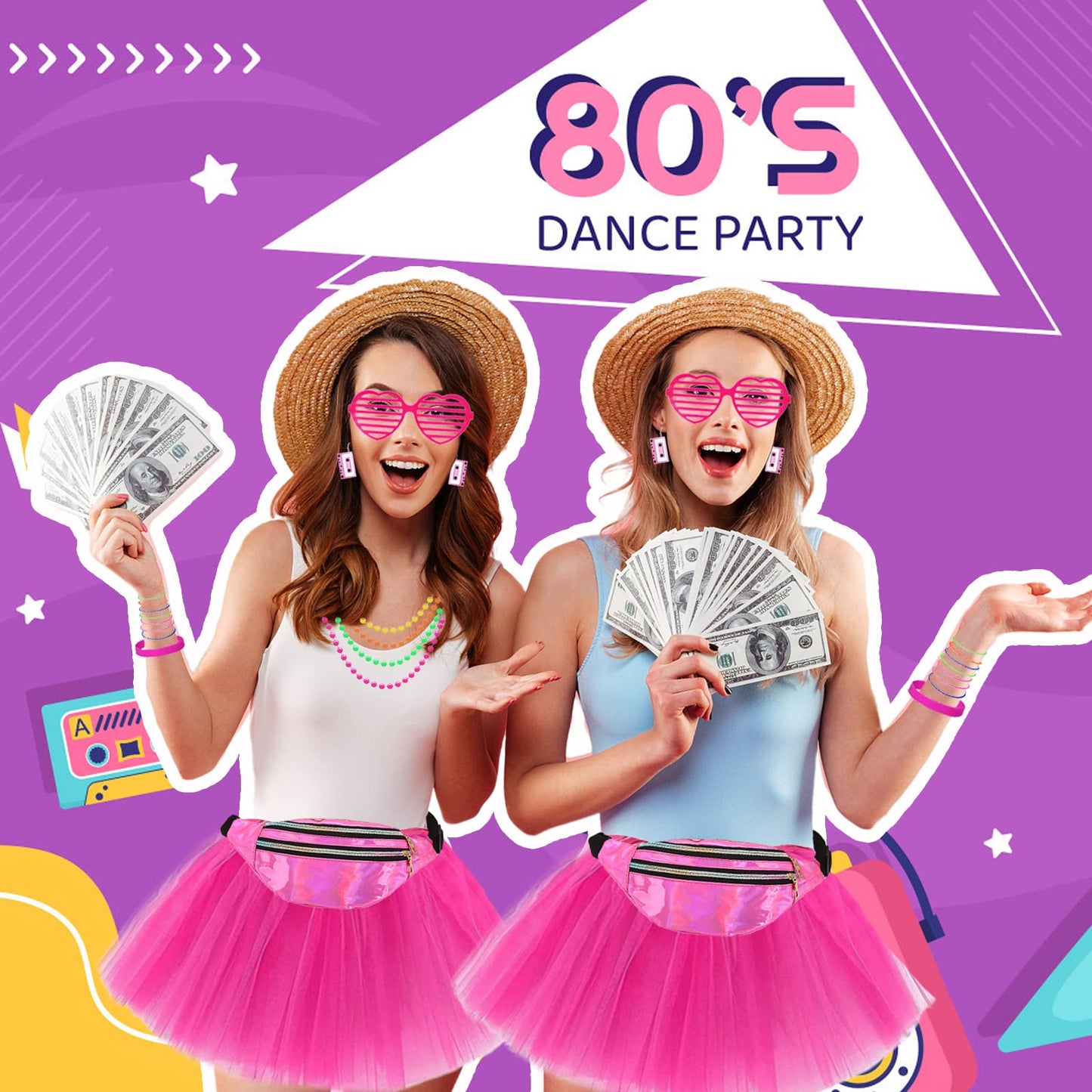 80s Fancy Dress for Women, 1980s Party Costume Accessories Set Bumbag Tutu Skirt Leg Warmer Earrings Fishnet Gloves Necklace Glasses Bracelet Headband, Retro Outfit for 80s Party/Dress up Day