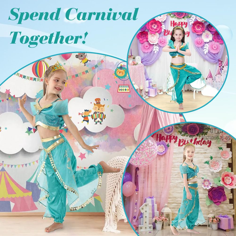 BSBUY Jasmine Princess Costume for Girls Two-Piece Sequined Dress Up, Aladdin Themed Outfit for Birthday Halloween Party Carnival Cosplay