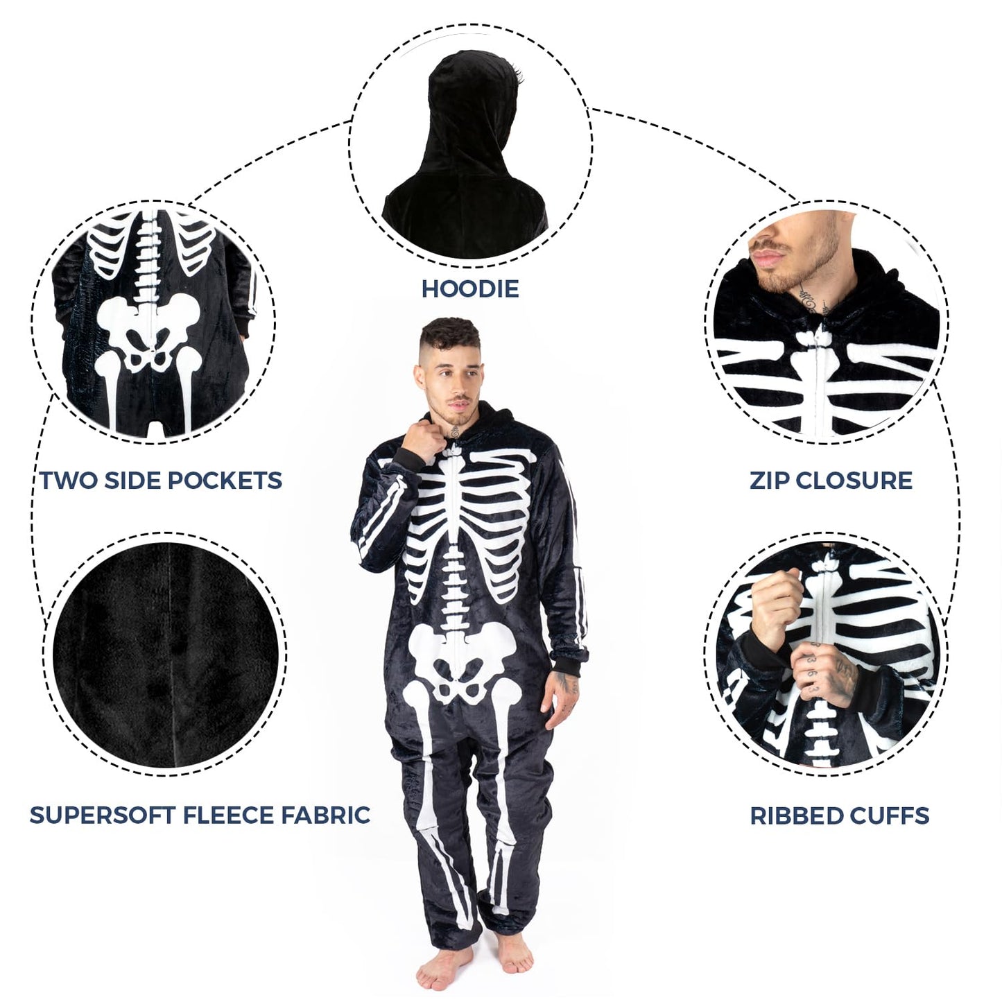 Onesie Halloween Costume - Unisex Skeleton and Shark Playsuit Adult