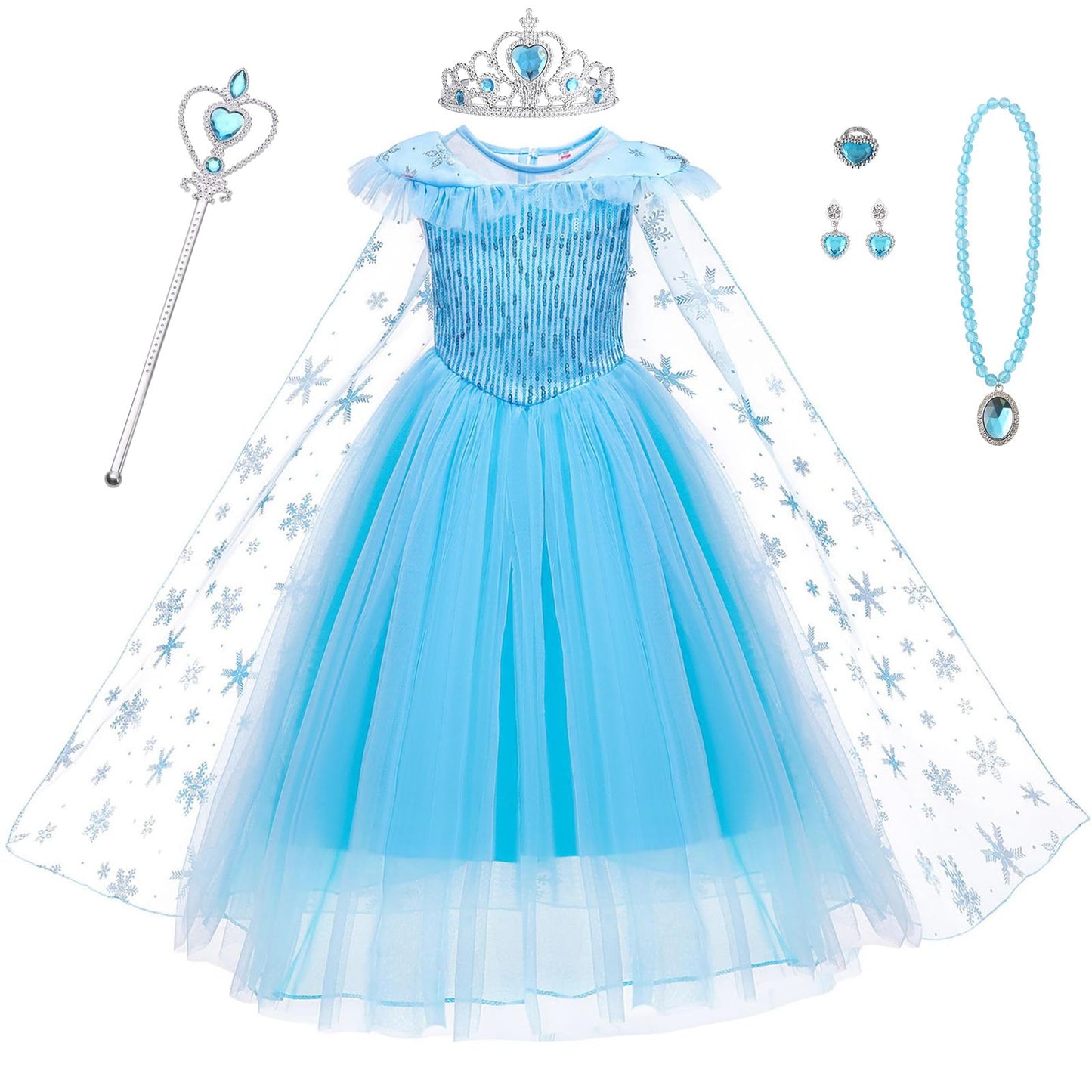 AYBUY Princess Dress Costume, Blue Princess Costume with Cape Train Wand Crown, Girls Fancy Dress for Halloween Christmas Party Cosplay,120