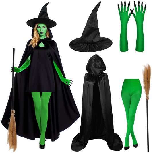 Purple witch costume set with cape, hat, gloves and broom