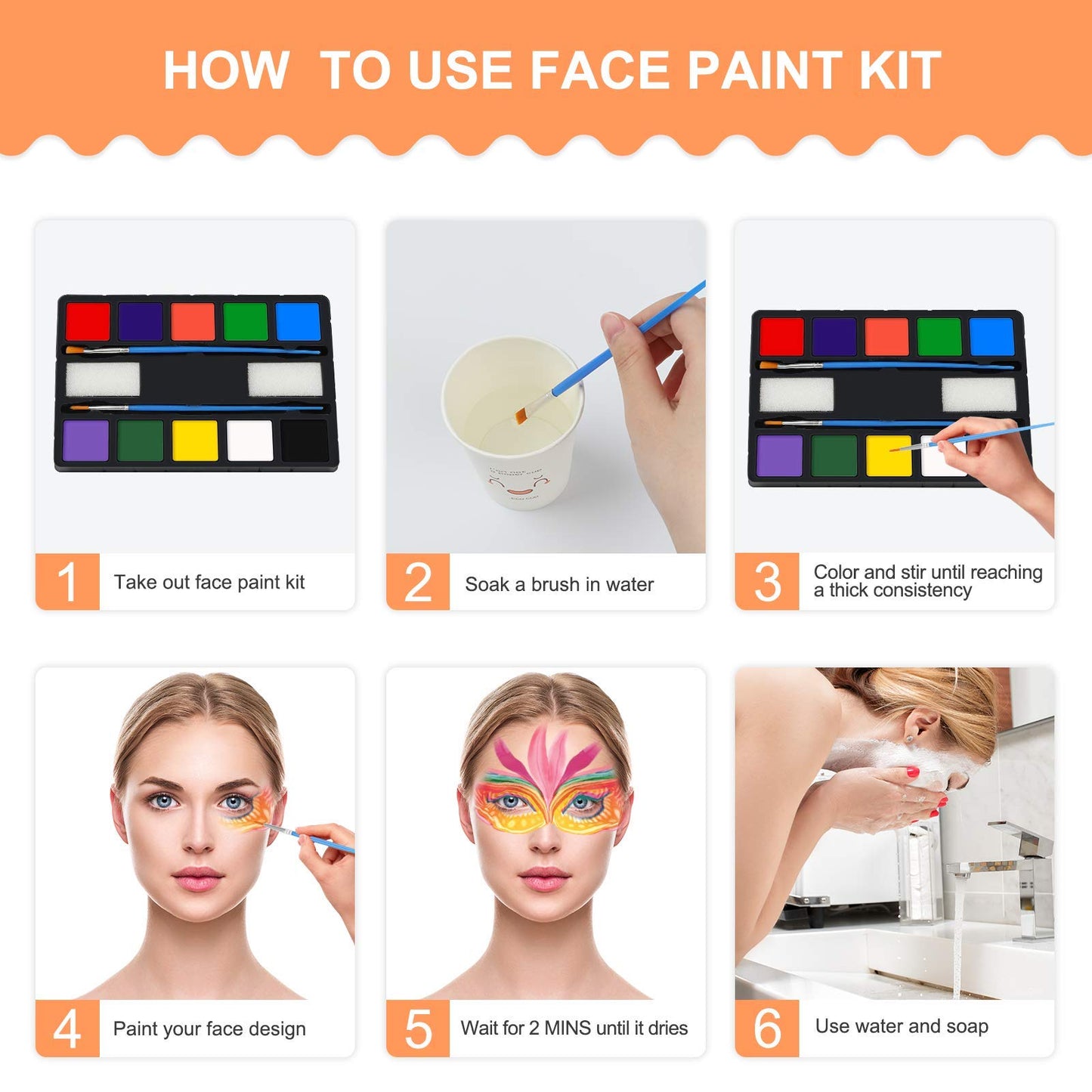 ENJSD Face Paint 14 PCS, Face Paint for Kids and Adults, Water Based Non-Toxic 10 Vivid Colors, 2 Brushes & Sponges, Easily Washable Safe Body Painting for Halloween Makeup and Cosplay
