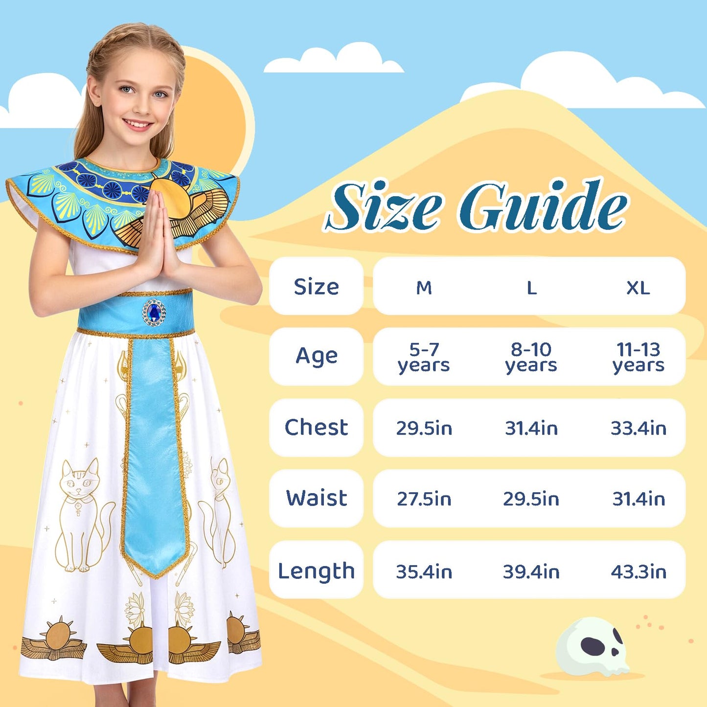 WIKITOT Egyptian Costumes for Girls, Halloween Costumes for Girls Aged 5-13 (M)