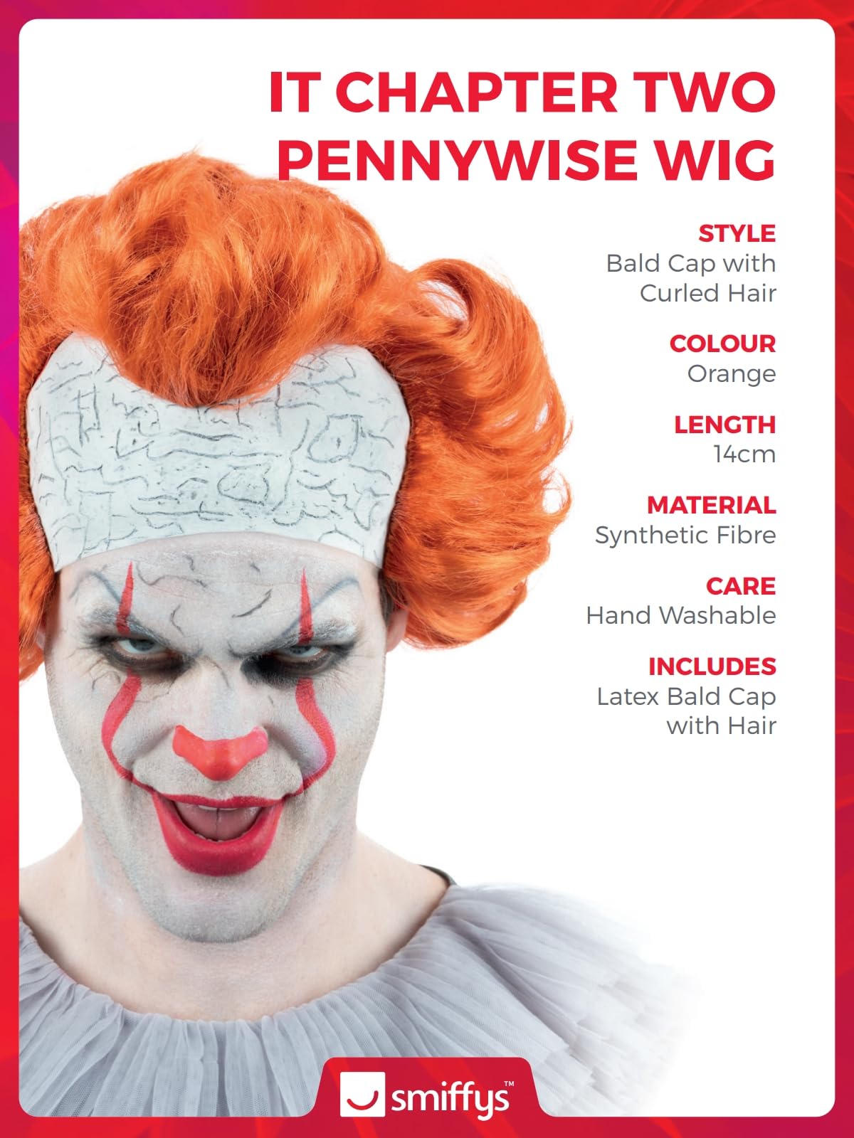 Smiffys IT Chapter Two Pennywise Wig for Adults, Latex Bald Head and Iconic Orange Wig, Officially Licensed, Ideal for Completing Matching Halloween Costume and Themed Fancy Dress