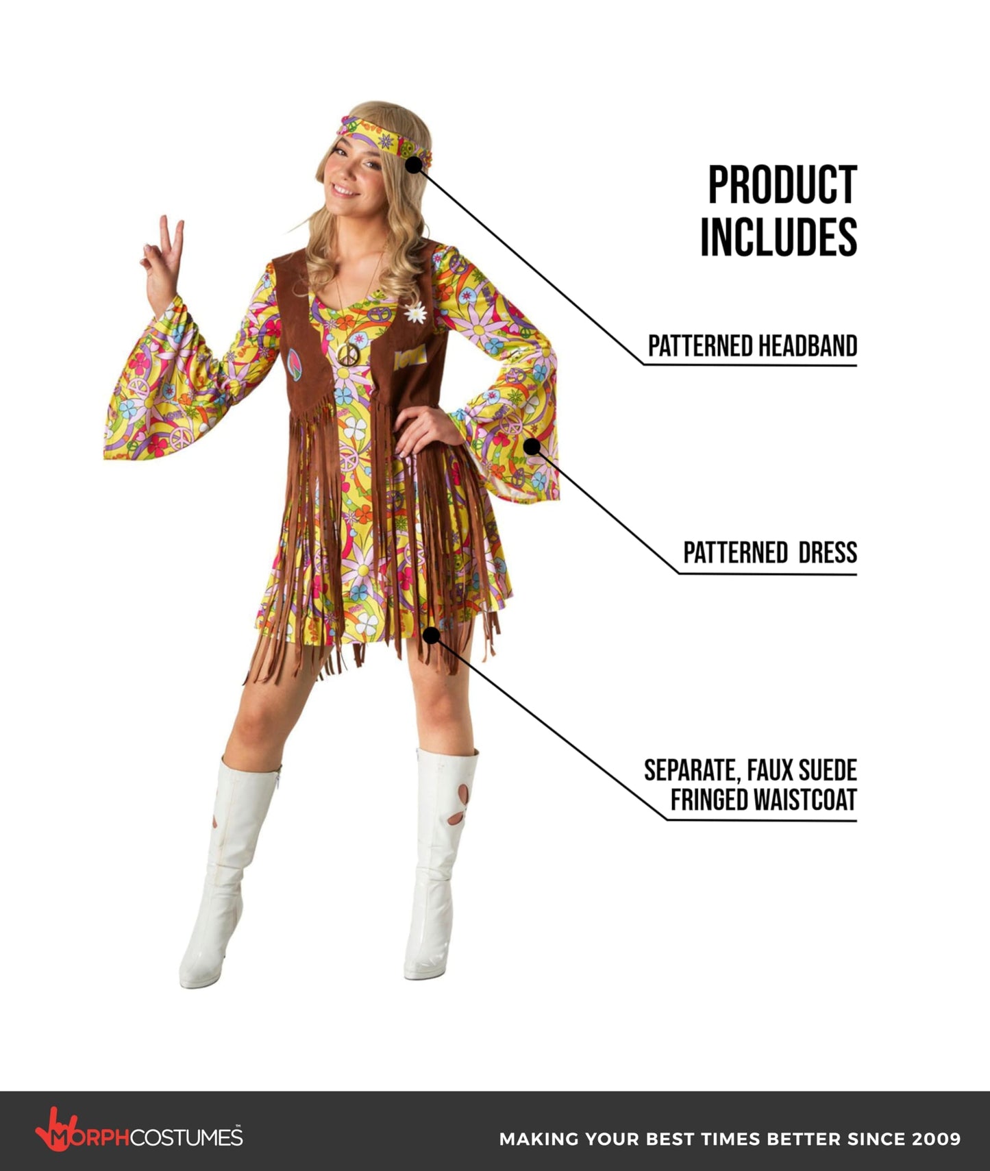 Morph Women's 70s Hippie Costume Yellow Dress With Separate Faux-Suede Vest And Headtie, Adult, Female, Plus Size, Halloween, Carnival