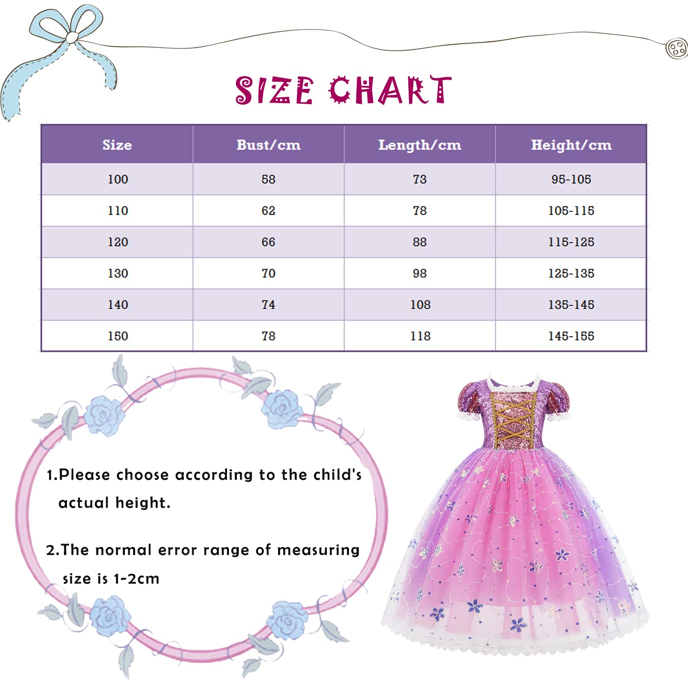 Kosplay Girls' Princess Rapunzel Costume Puff Sleeves Princess Fancy Dress Children's Princess Dress with Accessories Birthday Party Christmas Halloween Carnival Cosplay Dresses