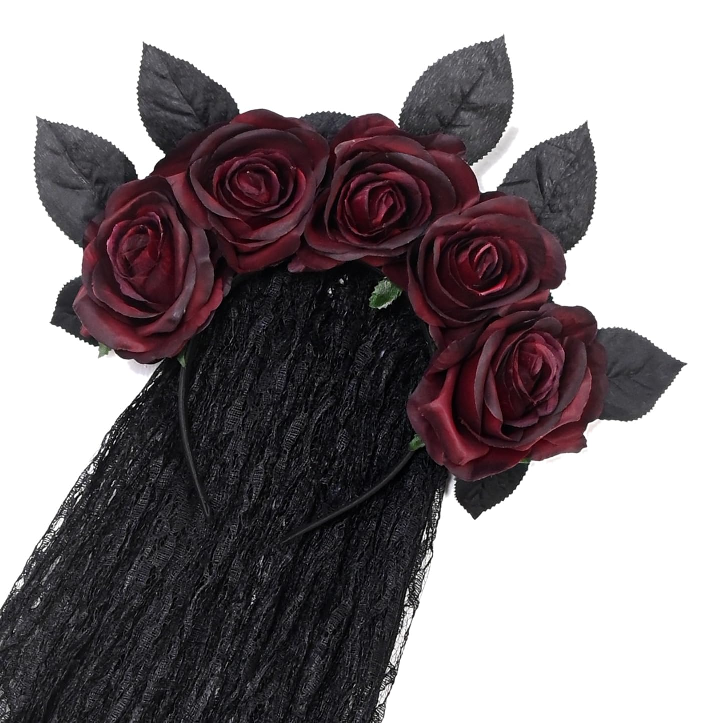 Merroyal women day of the dead headpiece Halloween accessory Photo props. (Burgundy Flower Black Leaf +Veil)